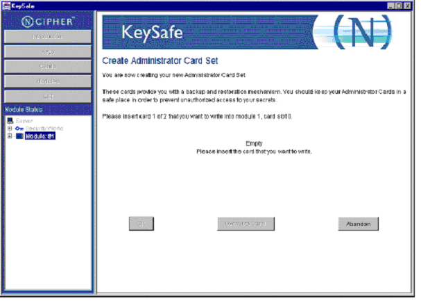 nCipher KeySafe utility displaying the Create Administrator Card Set window